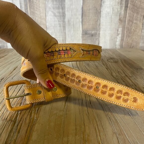 Leather Tooled Woven Fish Inlay Cutout Belt - Picture 5 of 5